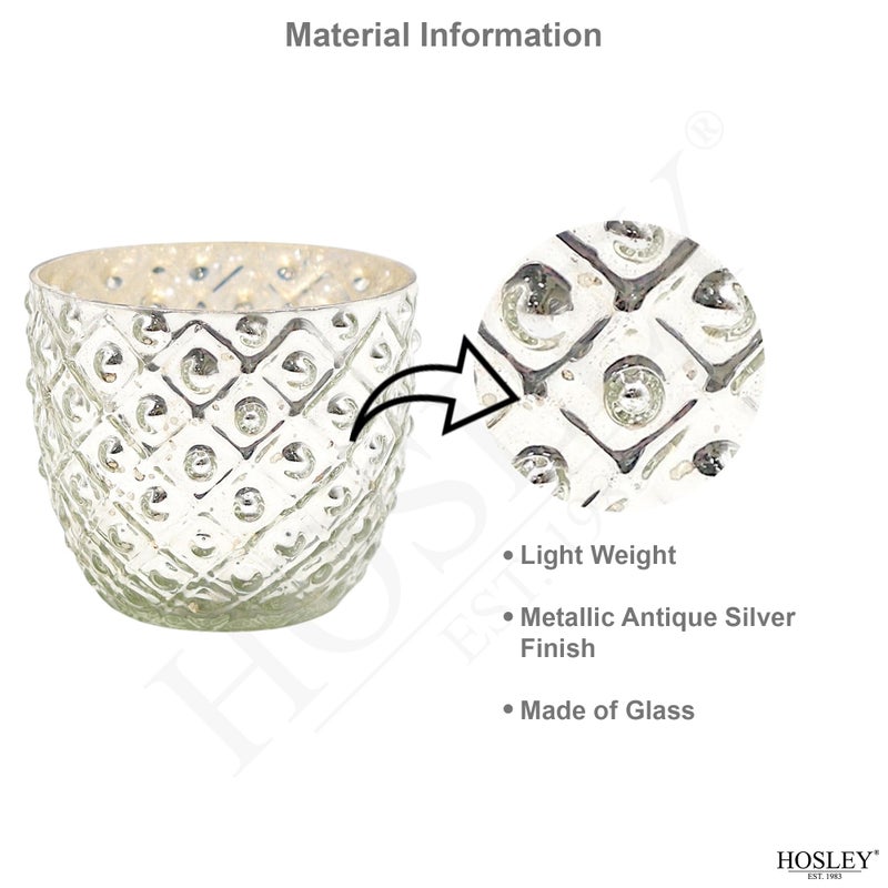 Hosley Set of 6 Metallic Antique Silver Glass Votive Tealight Farmhouse Candle Holder 2.75 Inch Diameter Ideal for Bridal Weddings Parties Events Spa Settings and Aromatherapy MINI Flower Pot O4 - Image 3
